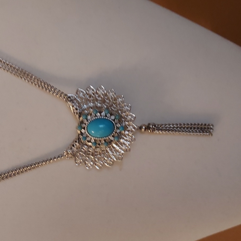 Emmons necklace/pin silvertone Aztec Princess 1971 long chain Turquoise color